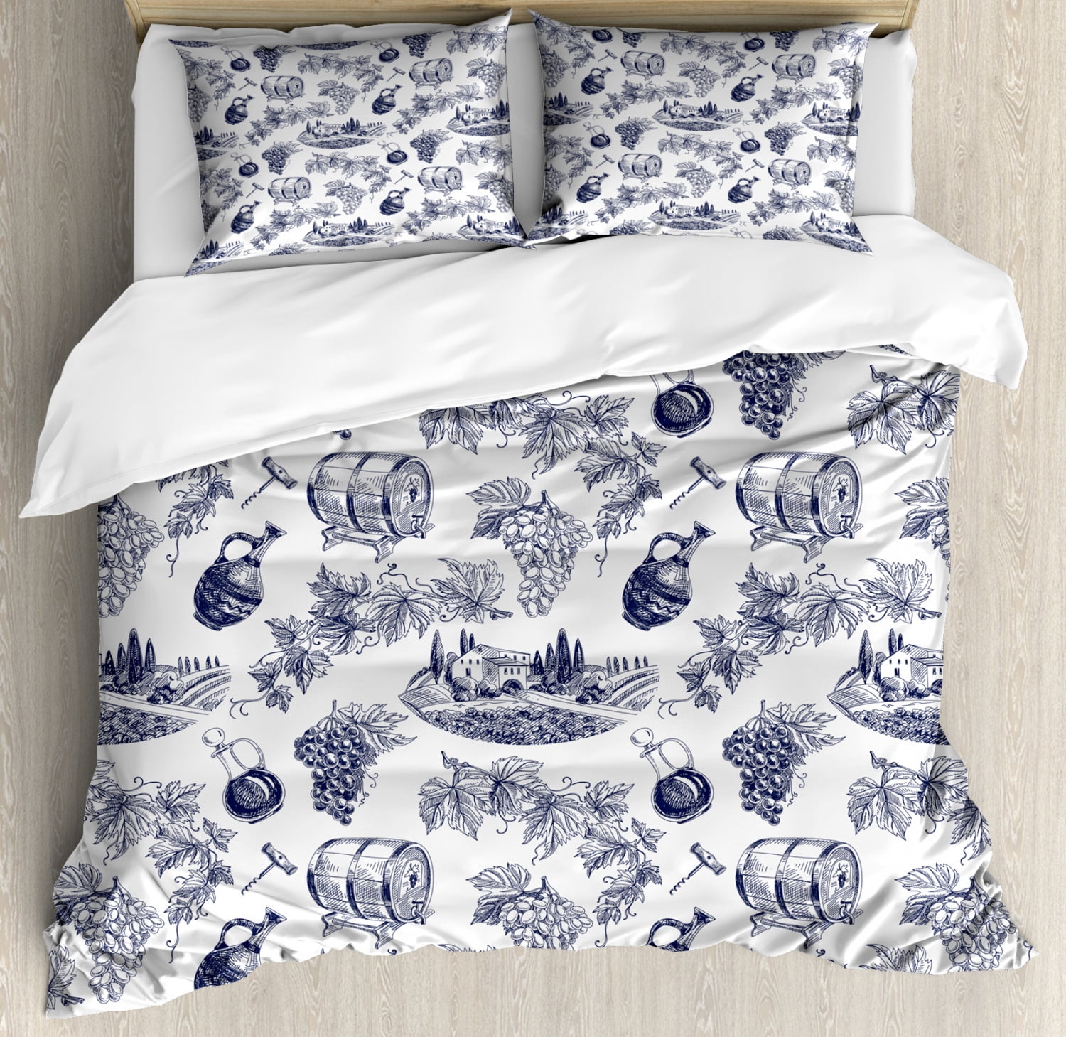 Vines Duvet Cover Set King Size, Monotone Sketch Look Country Side