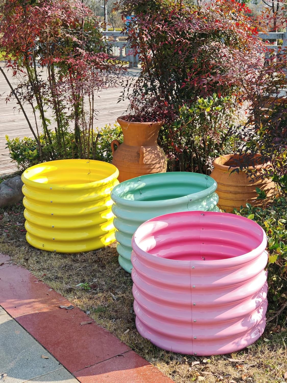 Kids Raised Garden Beds Outdoor (4-Pack)-24x24x18in Round Galvanized Metal Planter Box for Planting Vegetables, Flowers, Fruits, Eco-Safe & Easy Setup, Blush Pink