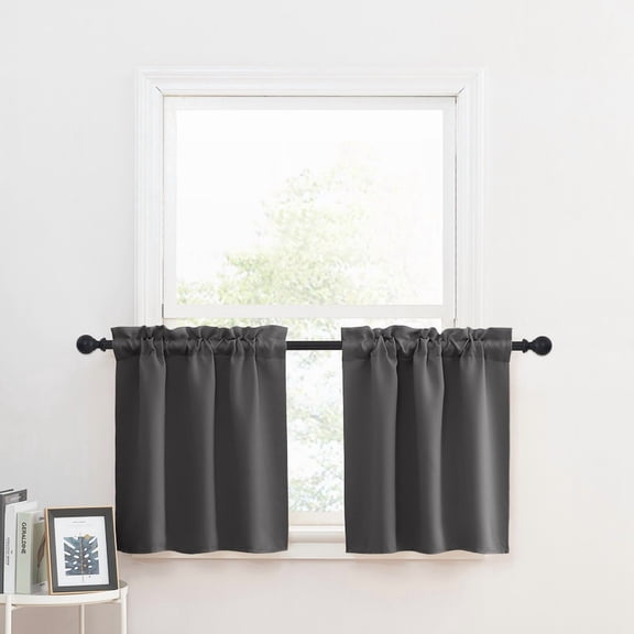 NICETOWN Valance Curtains for Kitchen, Rod Pocket Blackout Window Valances for Bedroom Living Room, Thermal Insulated Short Curtains, Grey, 29"x24", 2 Panels