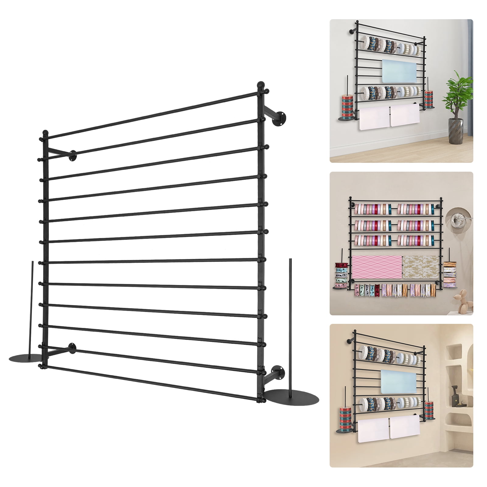 Wall-Mounted Display Rack for Flower Shop Sewing Tool Thread Scarf Tie Black, Wrapping Paper Ribbon Holder, Organizer