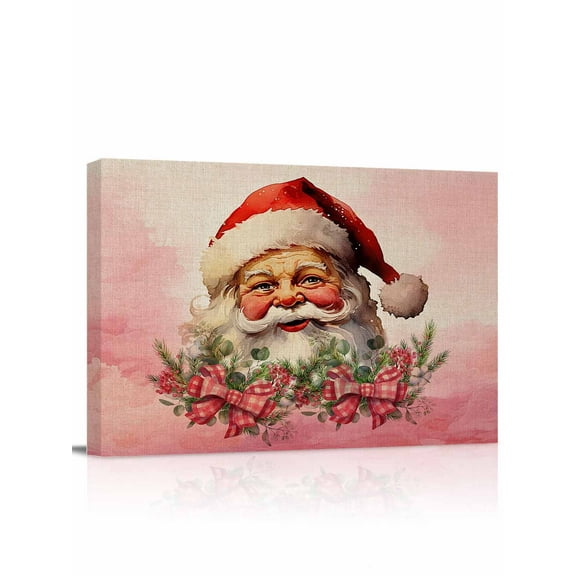 Christmas Santa Canvas Print Wall Art Framed Canvas Art Wall Decor Bowknot Holly Retro Watercolor Pictures Painting Morden Artwork for Living Room Bedroom, Ready to Hang - 12"x16"