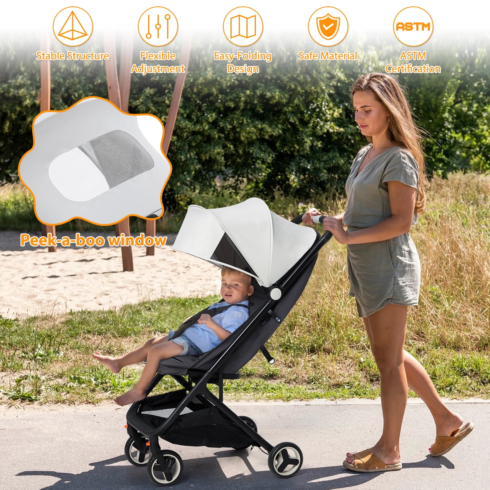 Roromall Lightweight Stroller, Compact One-Hand Fold Travel Stroller for Airplane Friendly, Reclining Seat and Canopy