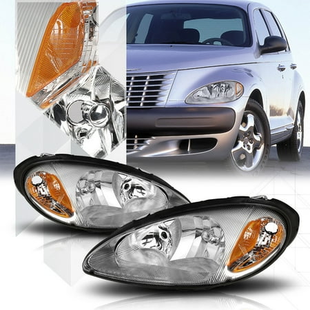 Cruiser Chrome Headlight - Chrome Housing Headlight Amber Signal Reflector for 01-05 Chrysler PT Cruiser 02 03 04
