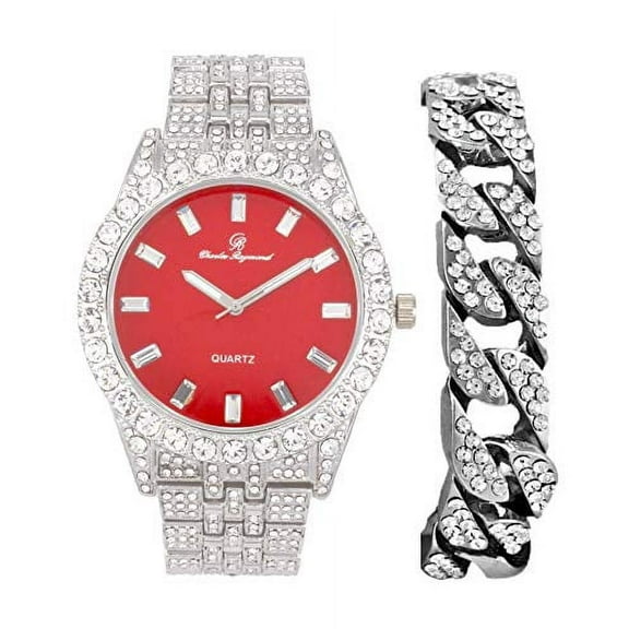 Charles Raymond Mens Wristwatch w/Iced out Rolly Hip Hop Bracelet - Big Rhinestones on Trim and Elegant Baguette Time Indicators on Dial - Master Blinged out Designer - ST10226B (Silver Bright Red)