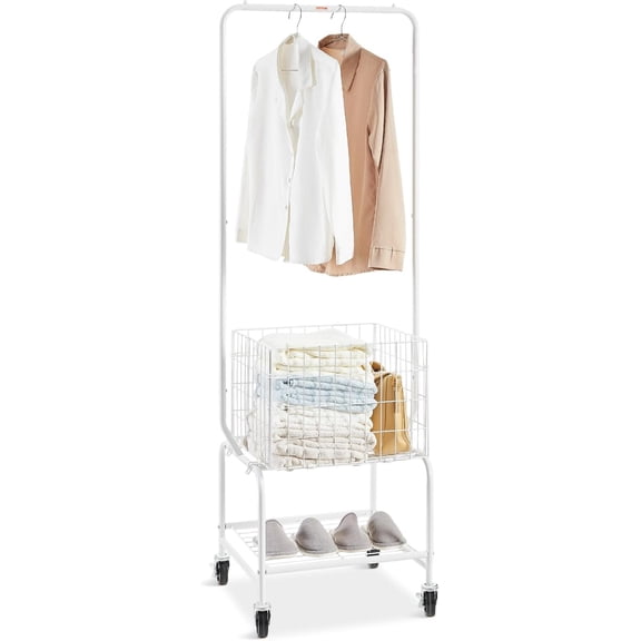 Efoee 3 Tier Rolling Laundry Cart Laundry Butler with 4 Wheels Basket Storage Cart Hanging Rack Clothes Rack Bathroom,White