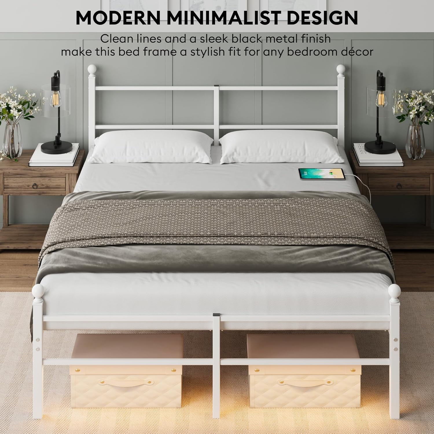 Queen Size Bed Frame with Headboard - Metal Platform Bed with LED Lights, Charging Station, Under Bed Storage and Heavy Duty Steel Slats Support - No Box Spring Needed, Easy Assembly, White
