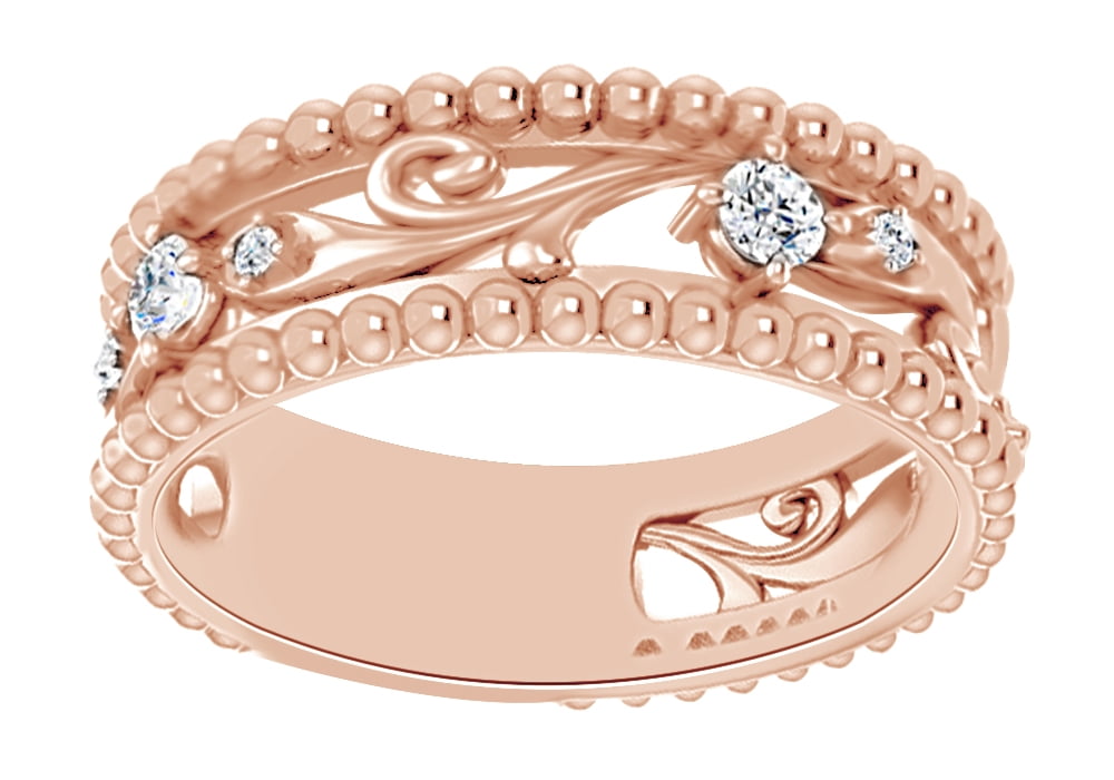 White Natural Diamond Vintage Style Anniversary Band Ring In 14K Solid Rose Gold (0.2 Ct), Ring Size-11.5