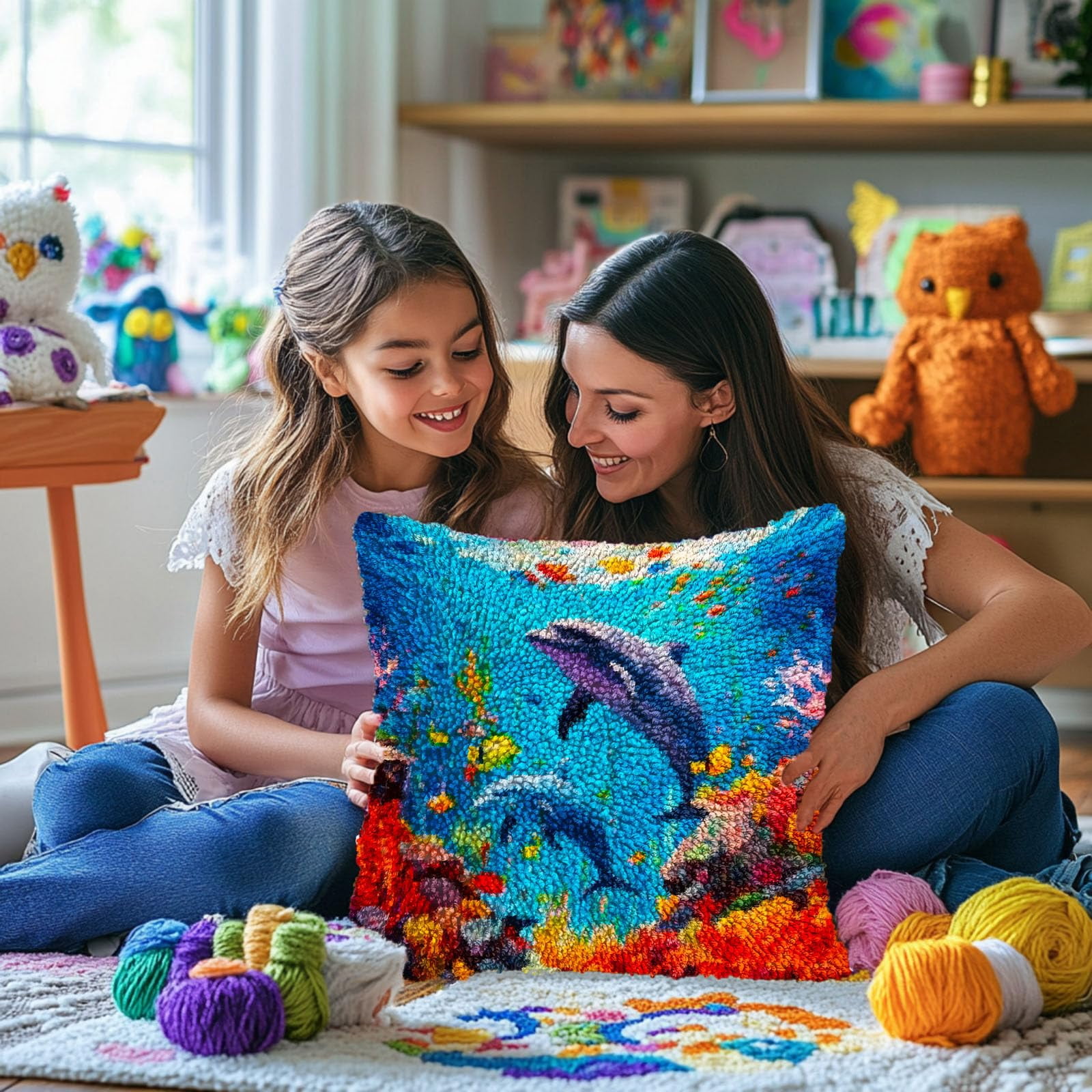 Undersea Scenery Dolphin Corals DIY Latch Hook Pillow Kits for Adults Printed Pillowcase Crochet Yarns Hooking Handmade Pillow Cover Cushion for Home Sofa Decoration 17x17inch