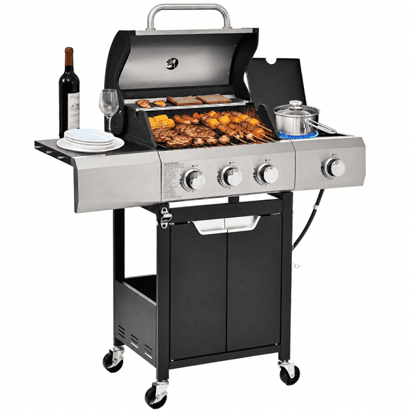 KEESTP 3-Burner Stainless Steel Propane Gas Grill with Side Burner, 376 Sq In Total Cooking Area, Cast Iron Grates, Built-in Thermometer, Lockable Casters