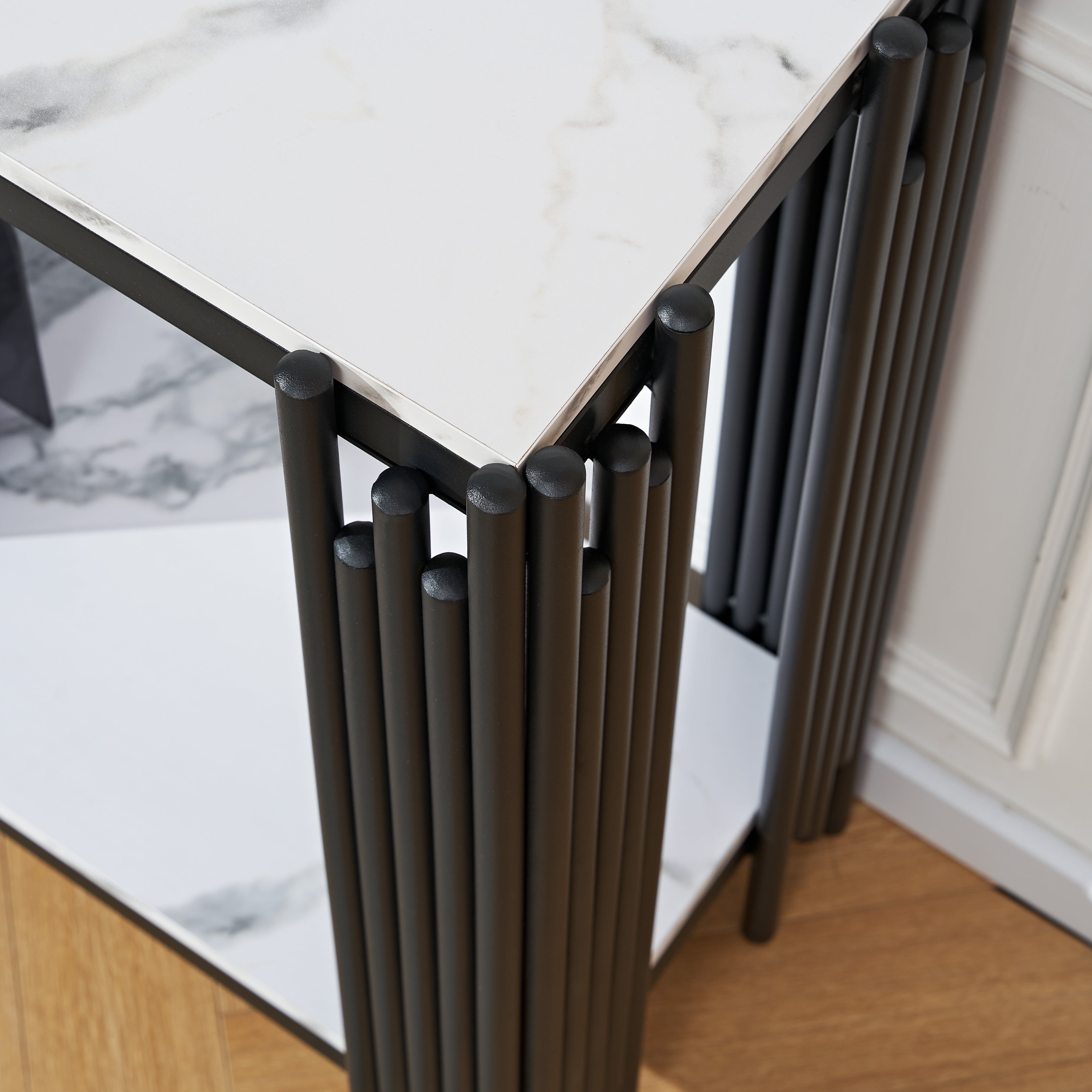 49'' 2 Tier Faux Marble Entryway Console Table, Living Room Sofa Entryway Console Table, Modern Narrow Entryway Table, Hallway Entrance Table, Adjustable Feet, for Entrance, Hallway, Black