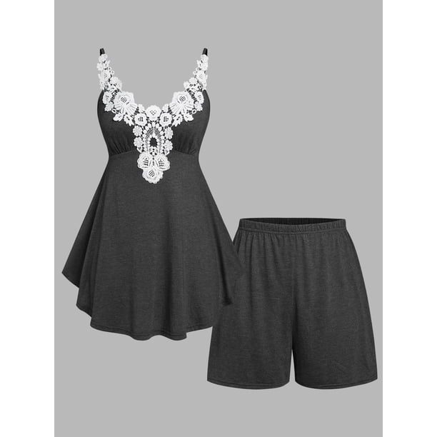 Conjunto Pijama Shorts de Cordones de Talla Extra con Aplicación Rosegal Pijamas y Batas Tallas Grandes