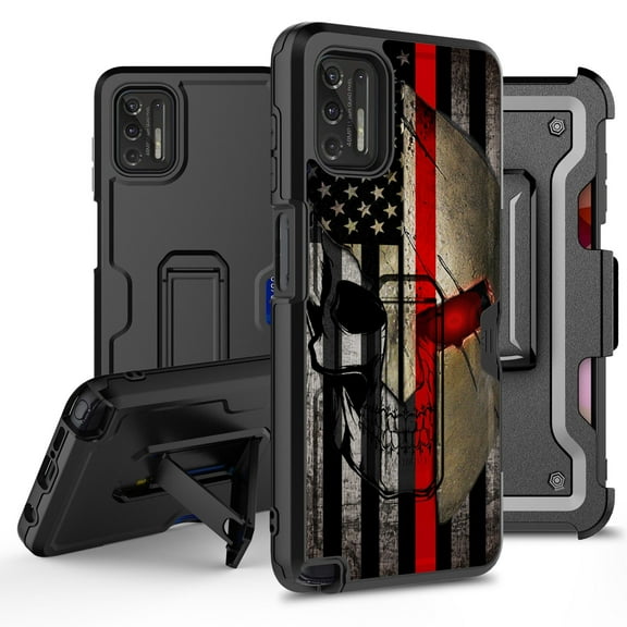 ANJ  Rugged Hybrid Shockproof Case w/Kickstand   Holster Clip Card Slot Cover for Motorola Moto G Stylus (2021 Release) - Spartan Skull