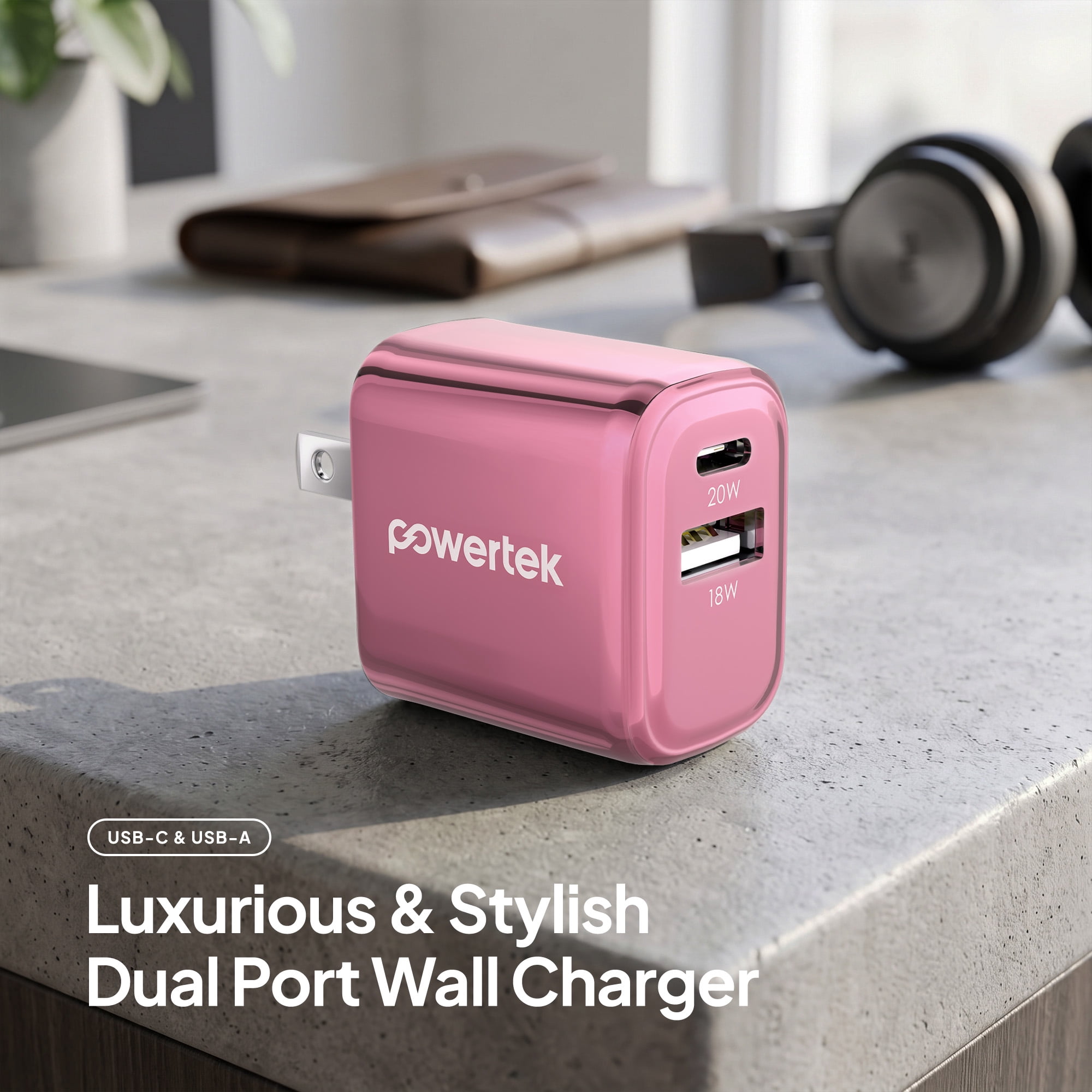 Powertek Luxe 20W USB-C + 18W USB-A Fast Charging Dual Port Block, Pink, Compatible with iPhone, Android, Tablets & USB Devices, Compact Travel Adapter