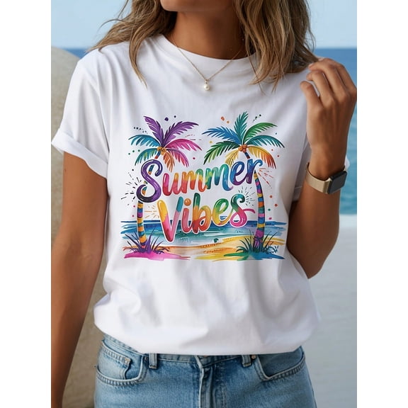 T-Shirt Featuring A Y2K Tropical Palm Tree Design And A Summery Vibe - A Lightweight Round Neck Short Sleeve Beach Shirt