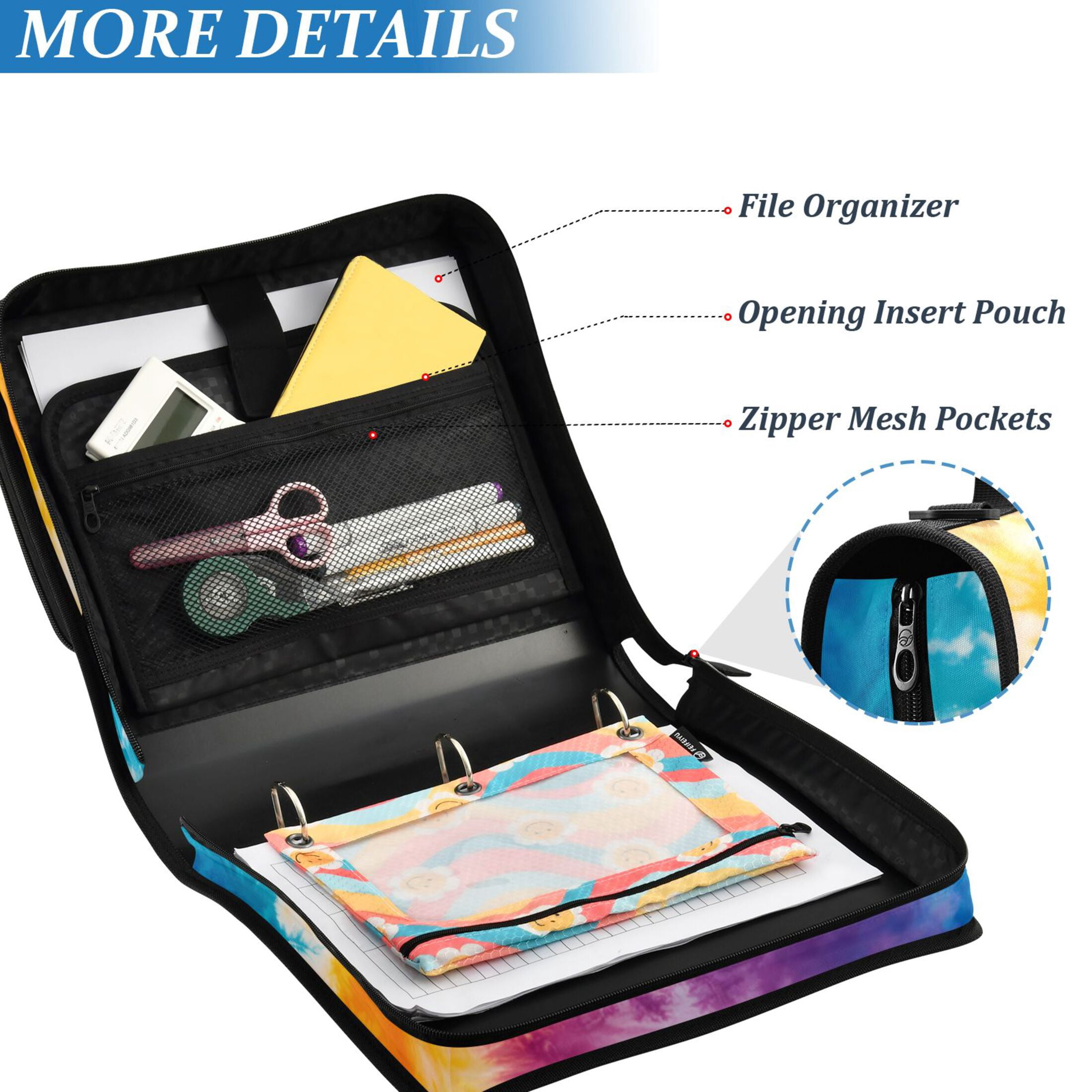 3 Ring Zipper Binder with Shoulder Strap Waterproof Trapper Keeper 2 Inch D-Ring 500 Sheets Capacity Blue Purple Yellow Tie Dye