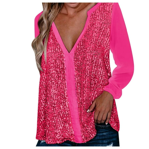 Women T Shirts Ladies Sexy V Neck Sequin Soild Color Long Sleeve Fold Navel Casual Blouse Tops Oversized Tshirts Hot Pink S