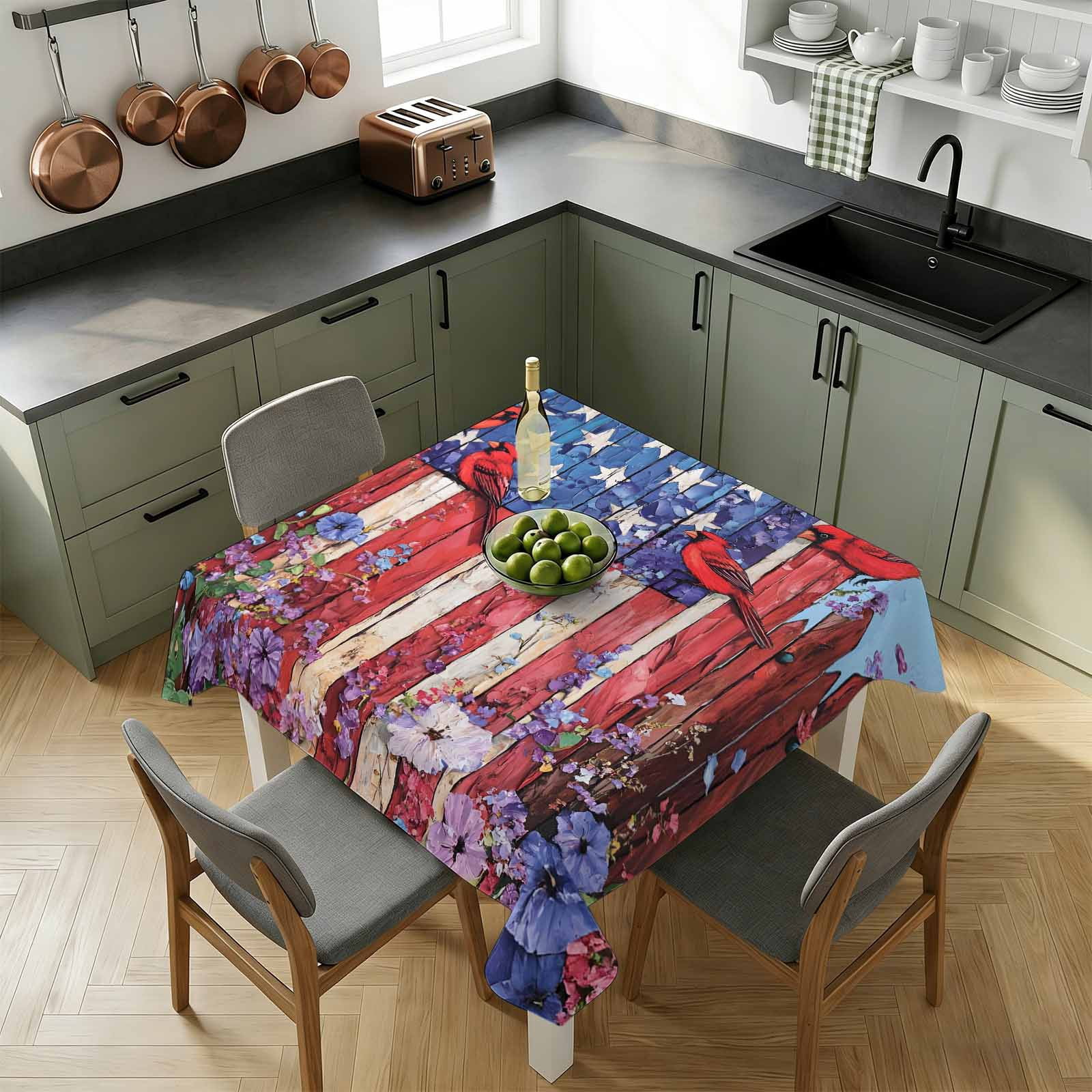 Square Tablecloths, 4th of July Retro USA Flag Bird Waterproof Table Cloths, Red Blue White Wood Floral Spillproof Decorative Dining Table Covers for Kitchen,Indoor Outdoor Parties, Camping 54x54in