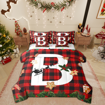 Manfei Christmas Monogrammed B Twin Bedding Sets 7-Piece, Cartoon Gingerbread Man Bedding Comforter Set, Teens Kids Child Reversible Sheet Sets, Super Cozy Room Decor