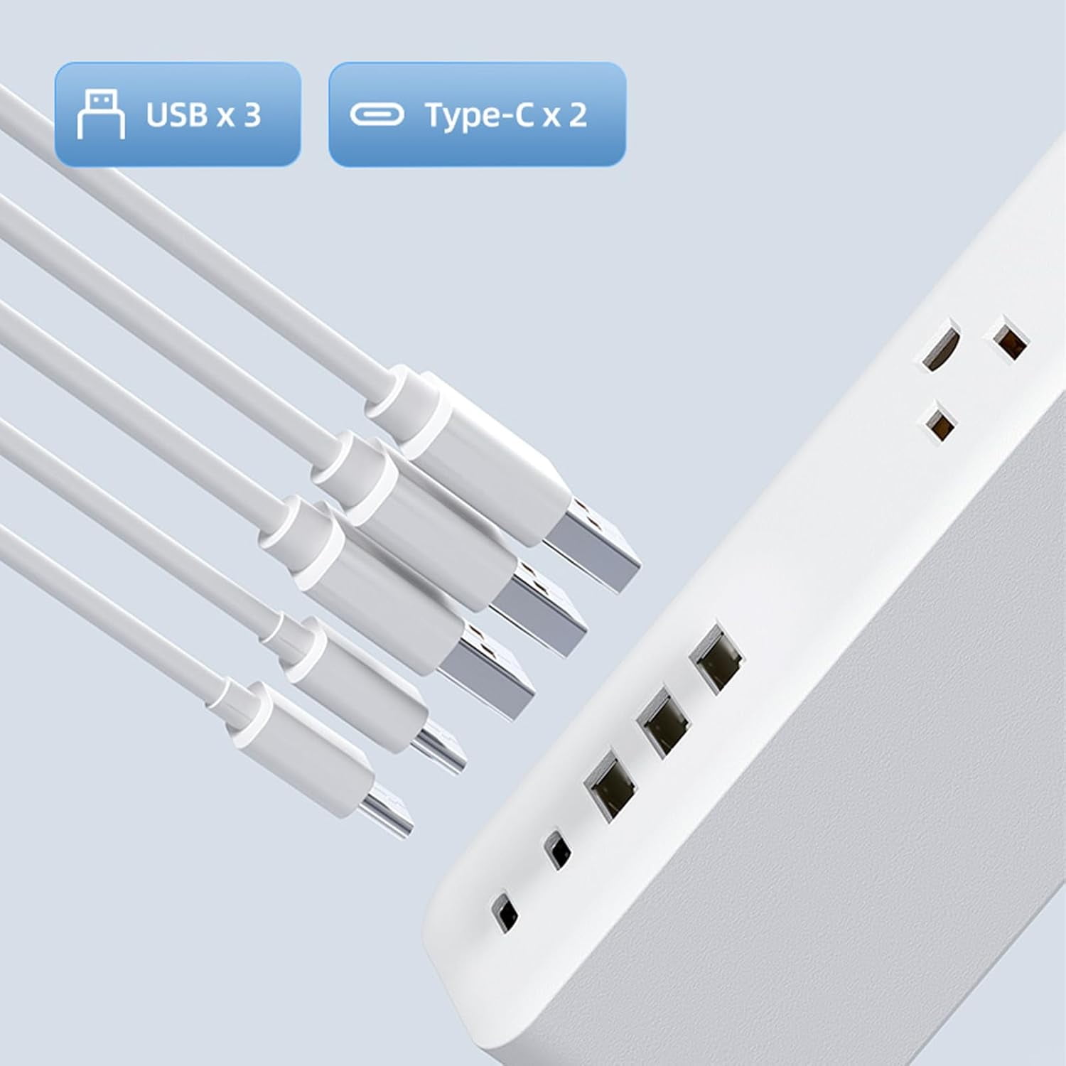 ZHENYEMEI Surge Protector Power Strip, 5 ft Flat Plug Long Extension Cord, Multi Plug Outlet Extender, 9 Outlets 3 USB A & 2 USB C Ports for Travel Home Office Entertainment, White
