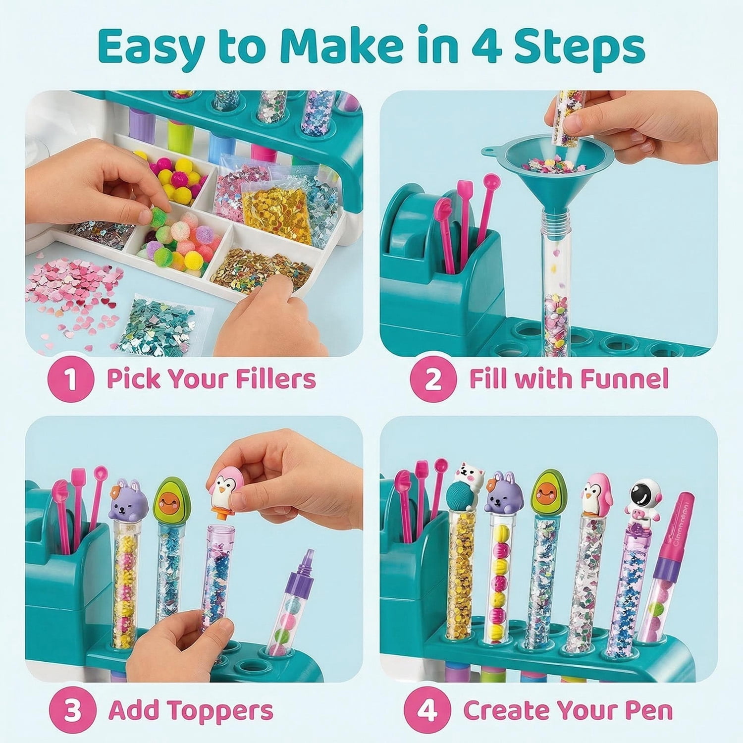 DIY Pen Making Kit with Pen Creator Studio, 50+ Accessories, Make 10 Sparkly Decorative Pens with Beads, Sequins and Charms, Craft Activity Gift Set