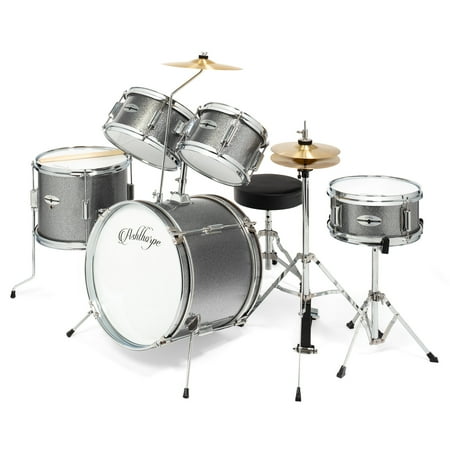 Ashthorpe 5-Piece Complete Junior Drum Set with Brass Cymbals and Drummer's Throne - Silver