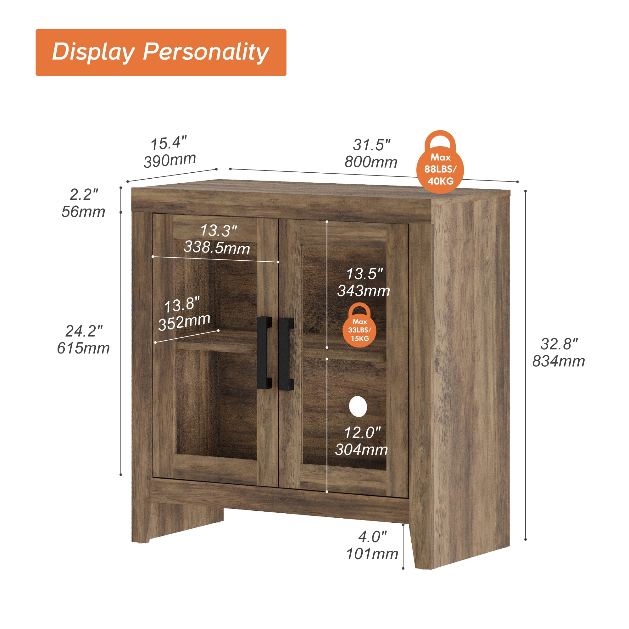 WAMPAT Modern Farmhouse TV Stand up to 40"TV, Entertainment Center with Tempered Glass Doors & Adjustable Shelves, Brown