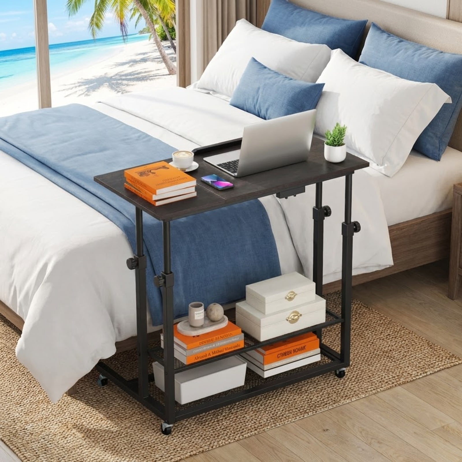 Furnibear Mobile Stand Up Desk Height Adjustable Standing Table with Tilting Tabletop and Storage Shelves, Oak