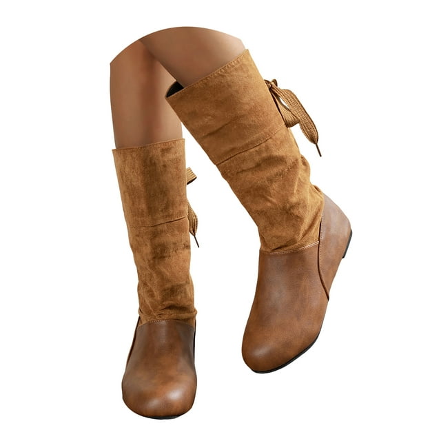 Dakaela Womens Slouch Flat Boots Round Toe Mid Calf Cowgirl Western Booties Winter Walking Work Boot