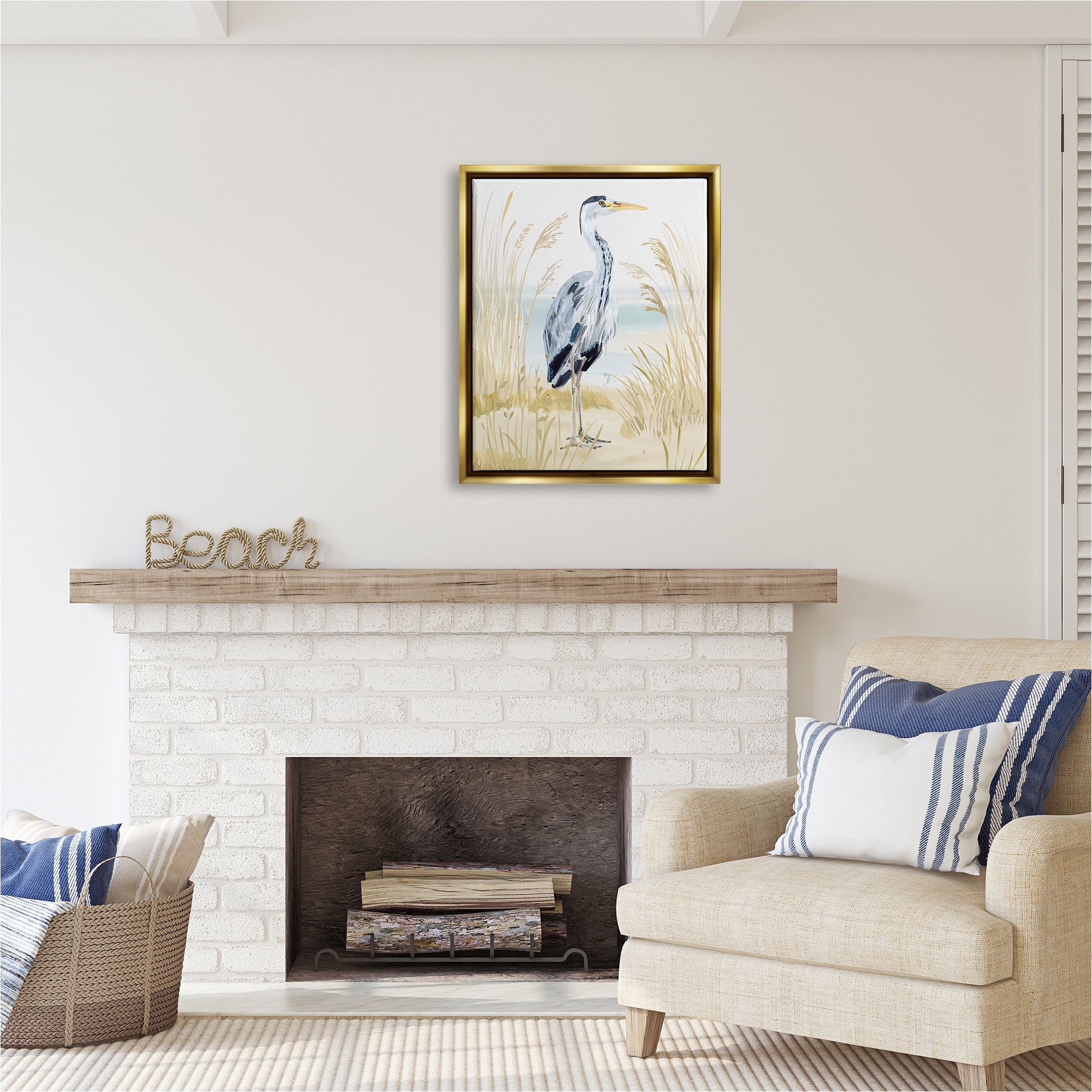 Stupell Industries Modern Heron on Beach Animals & Insects Painting Gold Floater Framed Canvas Art Print Wall Art, 25 x 31