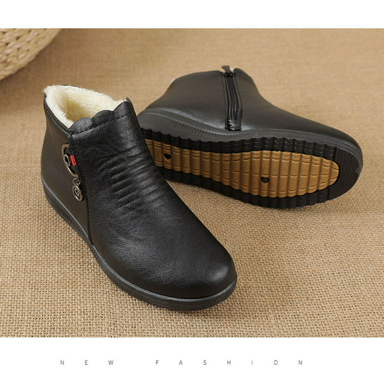 YOTAMI Womens Shoes Cotton Shoes Plus Velvet Warm Flat Ankle Boots Old Man  Leather Shoes Soft Sole Non-slip Middle-aged Women's Shoes Black 
