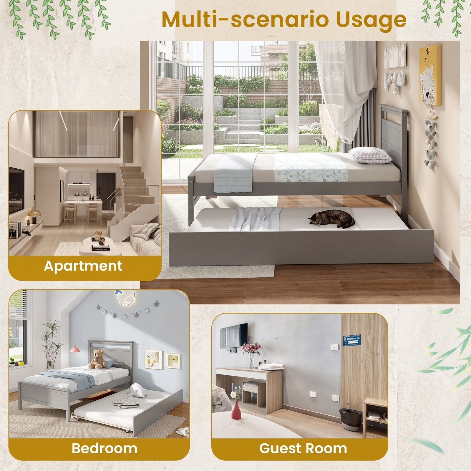 Furnibear Twin Bed Frame with Trundle, Wooden Platform Bed with Roll-Out Trundle and Plank Headboard, No Box Spring Needed, Gray