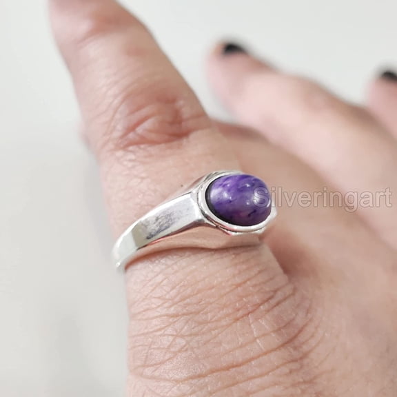 Charoite Mans Tiny Ring, Natural Charoite Womens Ring, Plain Silver Jewelry, 925 Silver Ring, Birthday Gift, Mens Ring, Plain Design, Ottoman Style Ring, Christmas, Turkey Dainty Ring