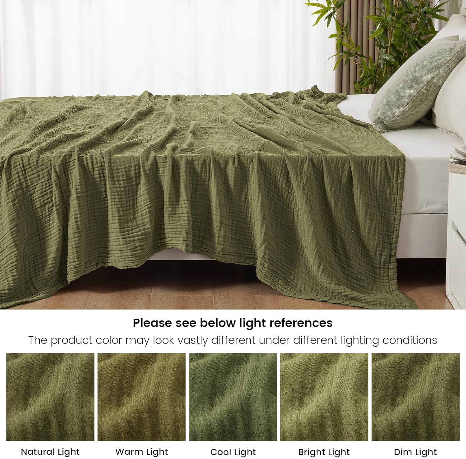 PHF Cooling Muslin Twin Blanket for Hot Sleepers, 4-Layer Breathable Bamboo Rayon & Cotton Gauze, Lightweight Summer Blanket for Bed or Couch, 66" x 90", Burnt Olive