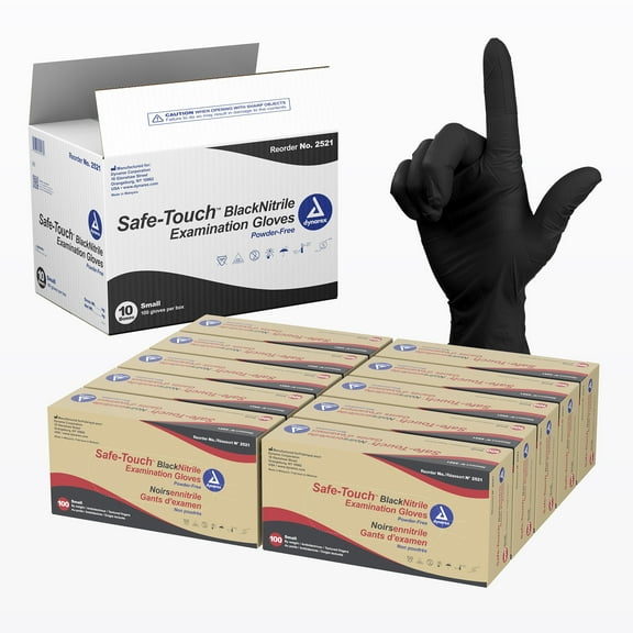 Dynarex Safe-Touch Black Disposable Nitrile Exam Gloves, Powder-Free, Used in Healthcare & Professional Settings, Law Enforcement, Tattoo, Salon or Spa, Small, 1 Case Includes 10 Boxes of 100 Gloves