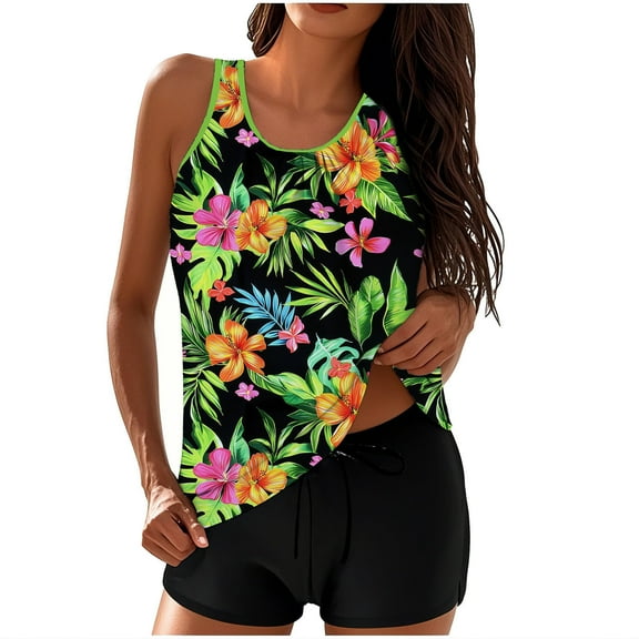Swimsuit for Women Vintage Print Loose Fit Tankini Top Swimwear with Boyshorts Tummy Control Bathing Suit