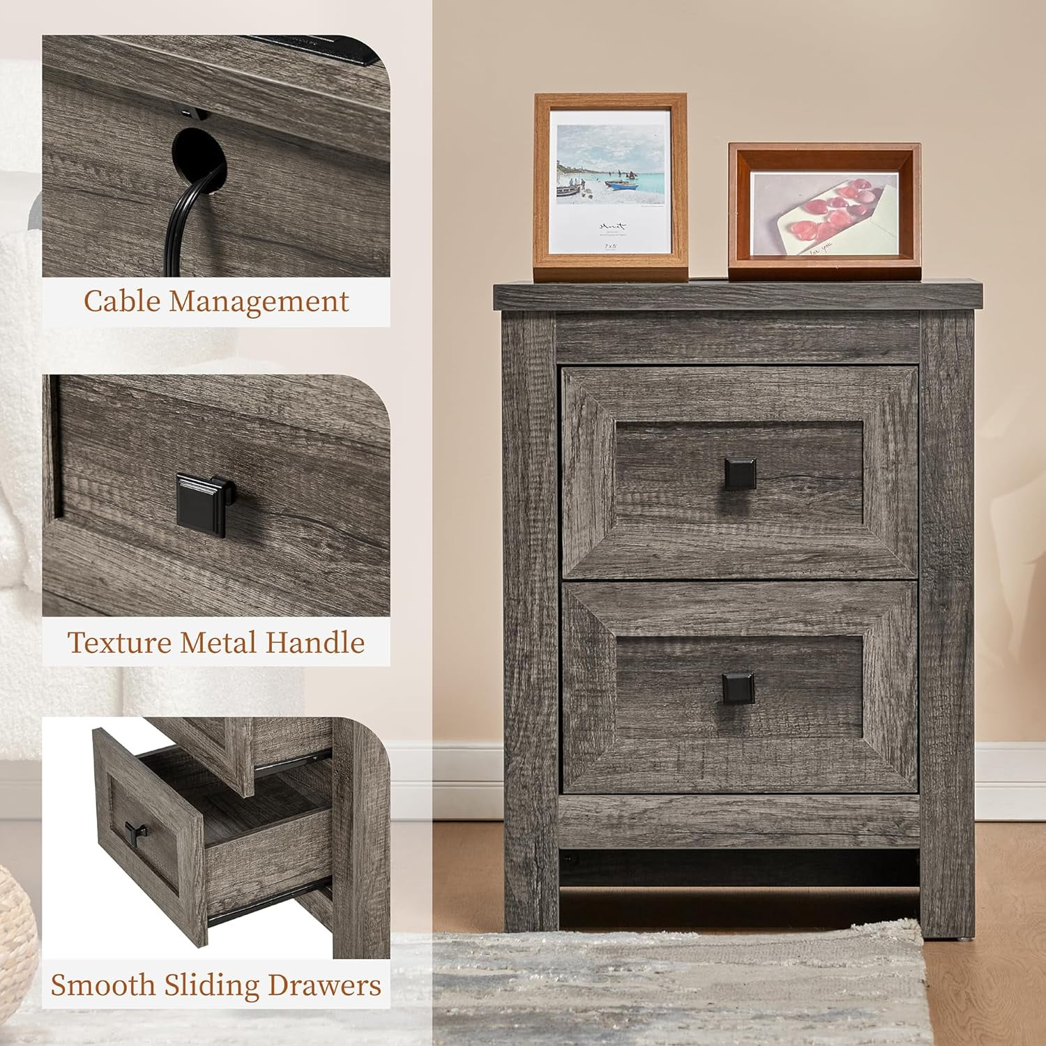 Merluxy Nightstand Set of 2 with Charging Station, Farmhouse Wood Bedside Table Rustic Grey