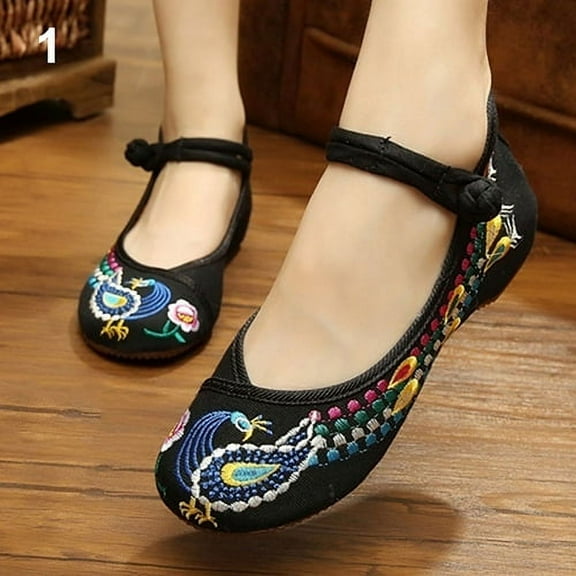 Women's Chinese Old Peking Style Phoenix Flower Embroidered Mary Jane Flat Shoes