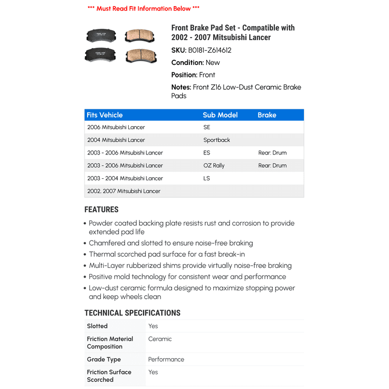 Kit De Rotores Y Pastillas De Freno Delanteros Para Mitsubishi Lancer 2002-2007 (ES, SE, LS, 2.0L)