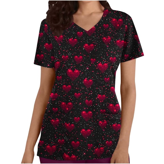 TaTaai Valentine Graphic Women Scrub Top Soft Cotton Relaxed Fit Short Sleeve V Neck Front Pocket Breathable Comfort Medical Work Casual Blouse Gift