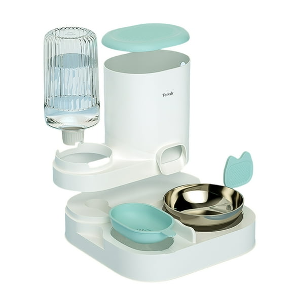 Toiksk Automatic pet feeding bowls, Automatic Cat Food and Water Dispenser Set 2 in 1, All-in-One Gravity Pet Feeder with Stainless Steel Cat Food Bowl Travel Auto Supply Feeder and Water Dispenser