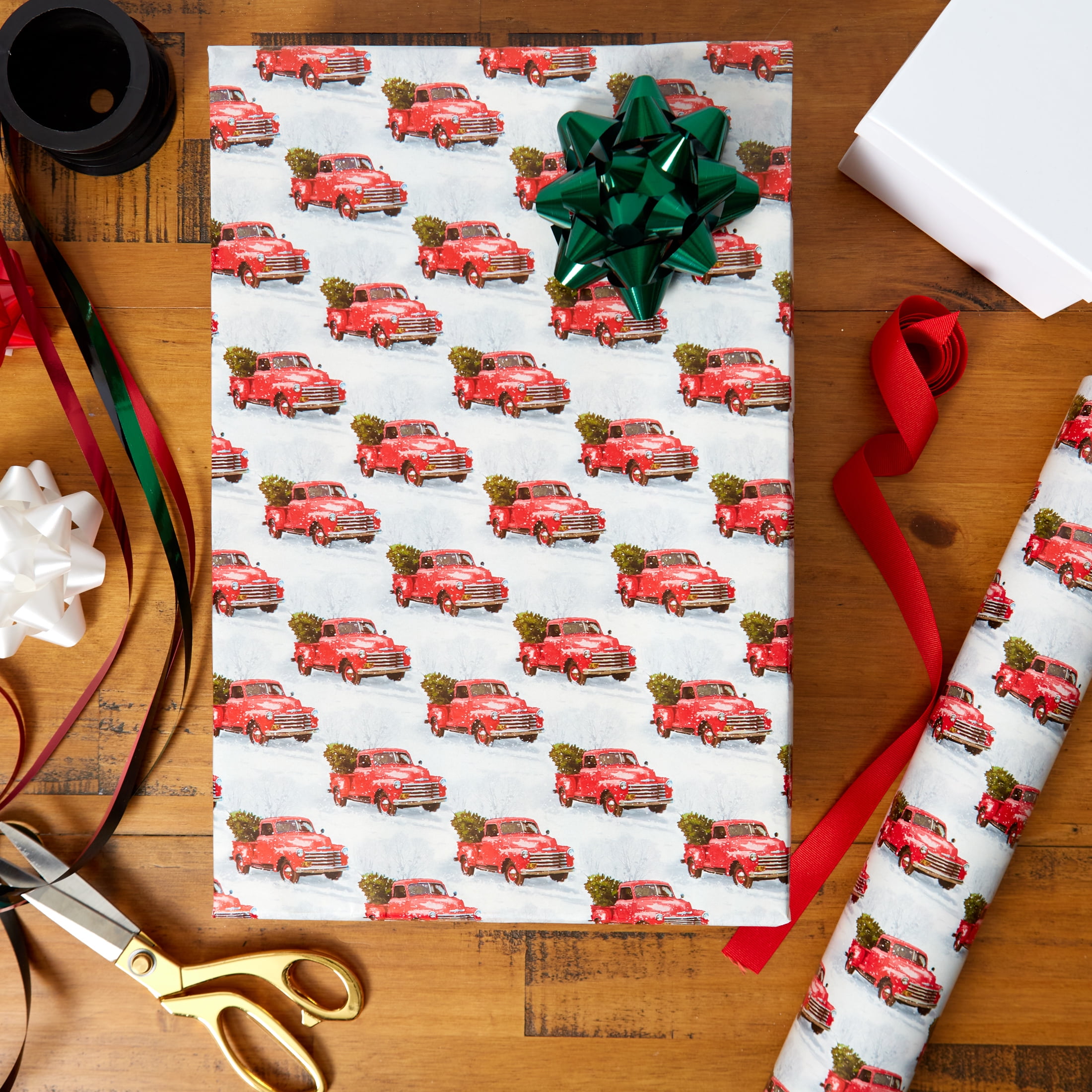 Holiday Time Christmas Wrap, Red, Blue Truck, 30” x 80 Sq. Ft, Heavy Duty,  Glossy Finish 