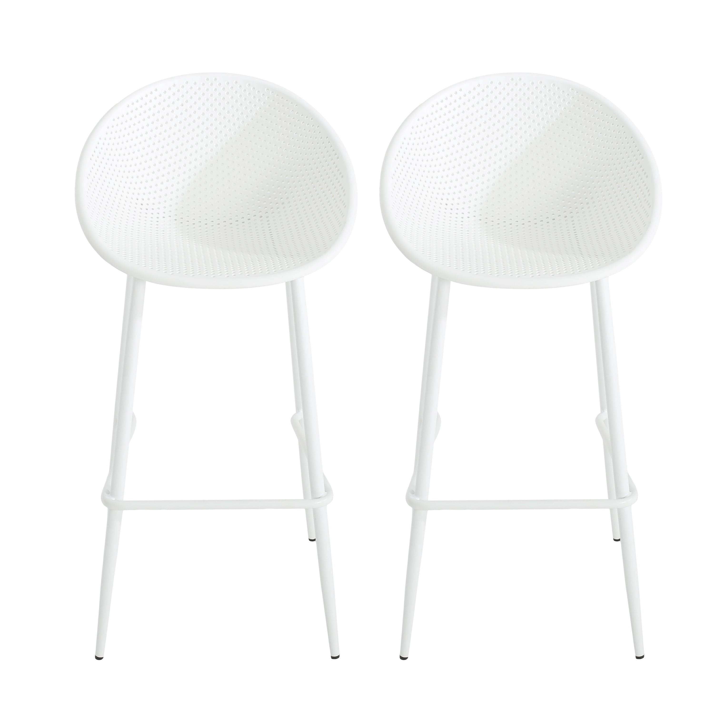 Bar Stools Set of 2, Outdoor Patio Chairs with Weatherproof Iron Frame and Plastic Seat, Counter Height Dining Chairs for Backyard Deck and Garden, White