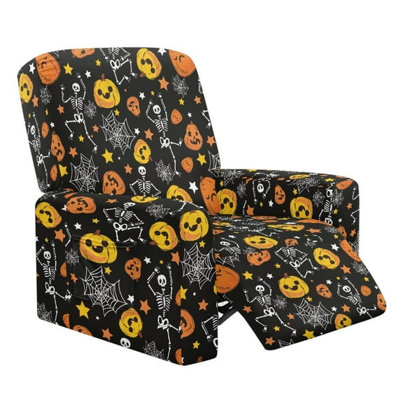FKELYI Halloween Pumpkin Human Skeleton Star Print Recliner Slipcover Stretchy Reclining Chair Cover with Pocket Non-Slip Sofa Couch Covers 4 Pcs Furniture Protector
