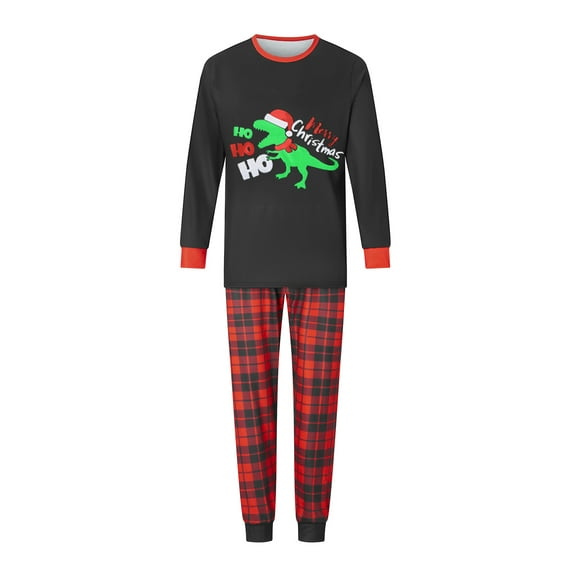Michellecmm Christmas Family Pajamas Matching Set, Long Sleeve Dinosaur Print T-shirt with Plaid Pants Sleepwear Loungewear