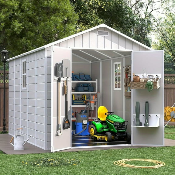 8x10.5 FT Outdoor Storage Sheds with Floor, Resin Garden Shed with Lockable Door, Window, Waterproof, Plastic Tool Storage for Bike, Garbage Can, Bedge