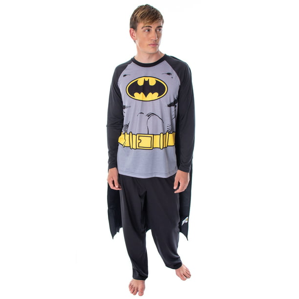 DC Comics Men's Batman Costume Raglan Shirt And Pants Pajama Set with Cape  (SM) 