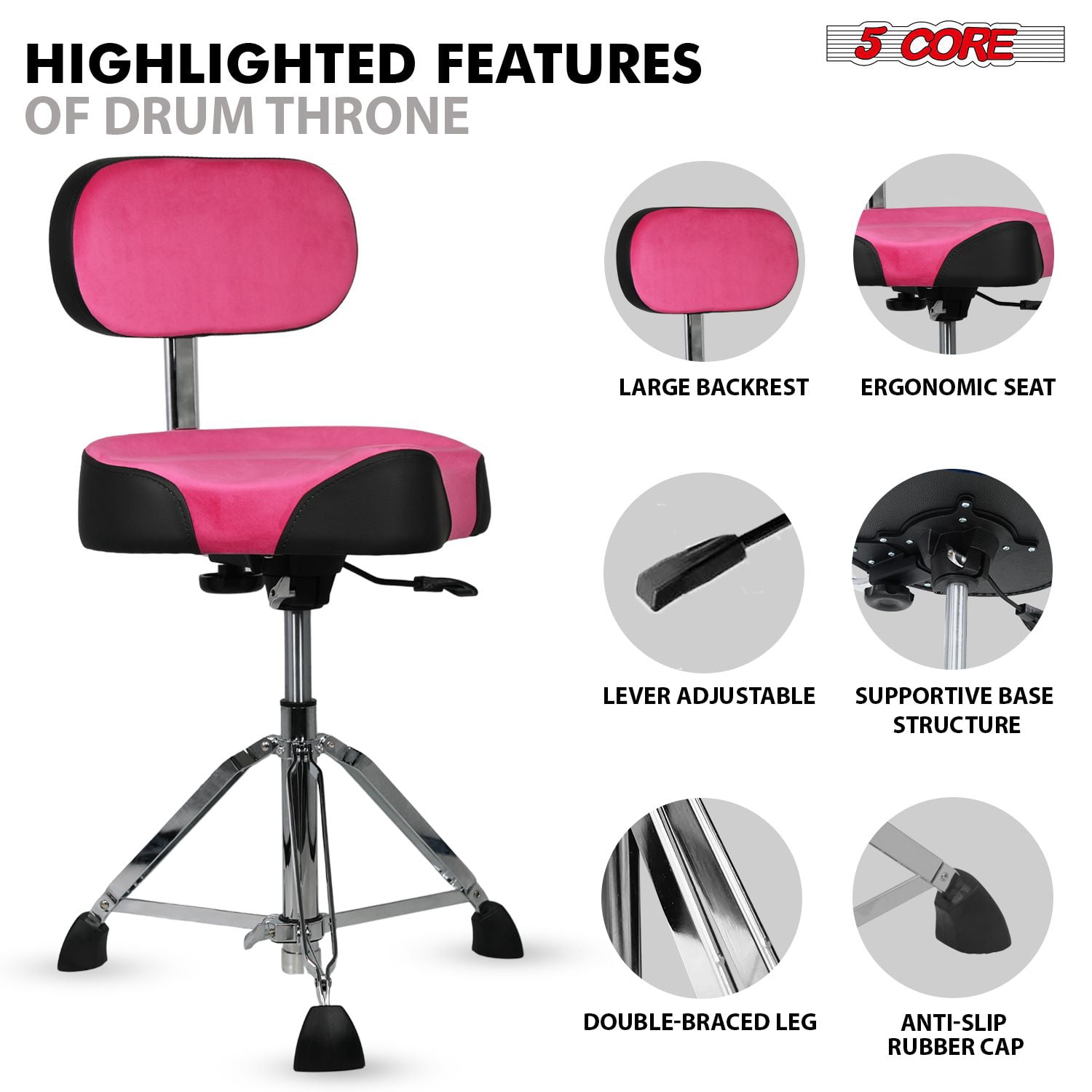 Drum Throne with Backrest, 4" Padded Stool with Airlift Adjustment 19"-25", 441Lb Capacity Heavy-Duty Drum Stool for Drummers, Double-Braced Steel Base