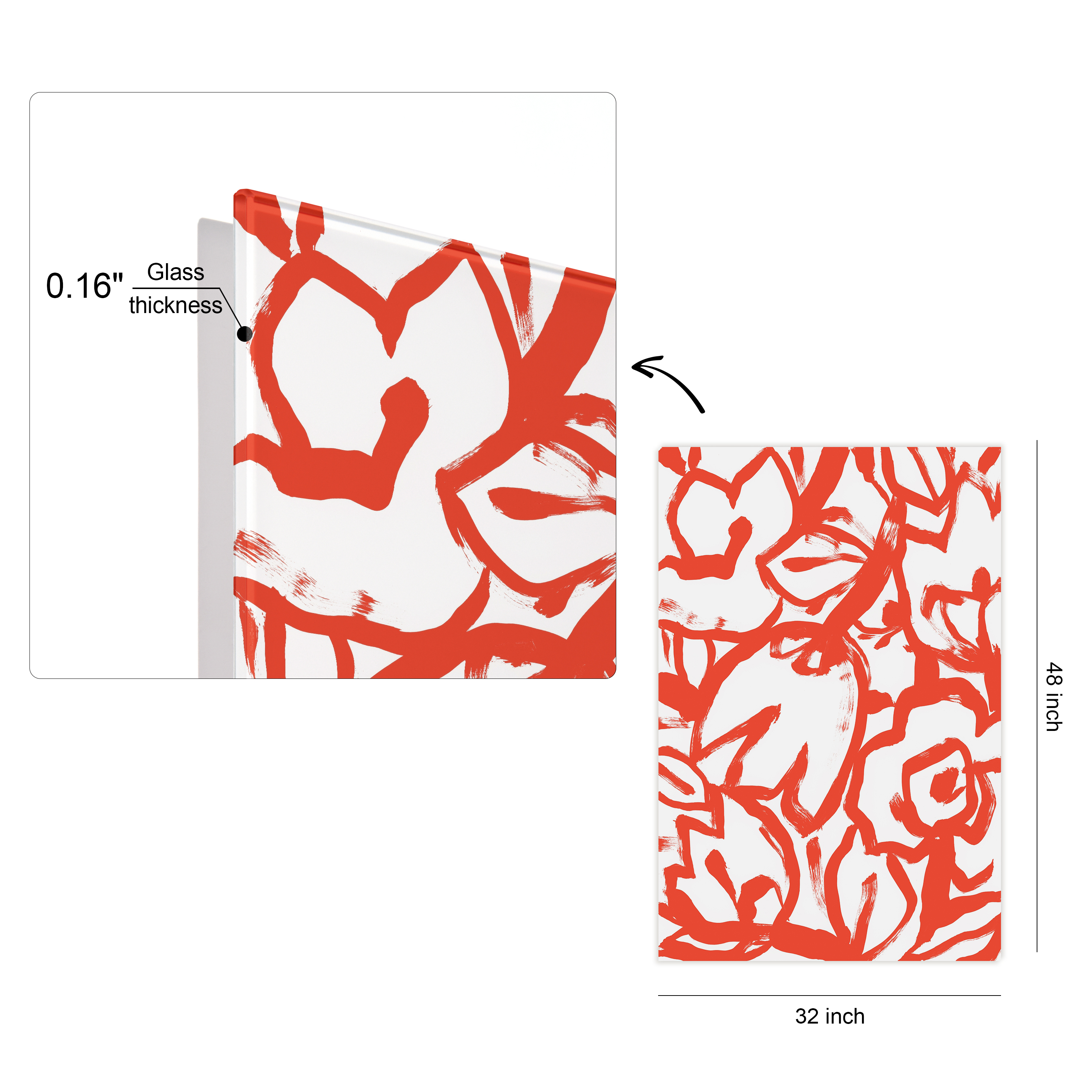 "Scarlet Blooms I" Red Brush Floral Unframe Free Floating Reverse Printed Tempered Glass Wall Art