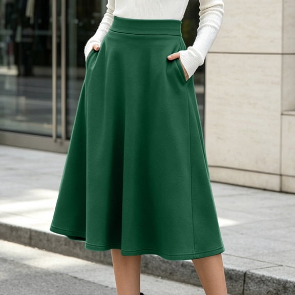 IUYRTFE Women's High Waist A Line Midi Skirt with Pockets Stretch Casual Work Skirt