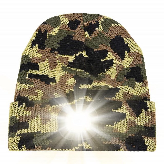 Gorro con linterna frontal recargable, gorro de invierno de punto con luz para hombres y mujeres (camuflaje verde militar)